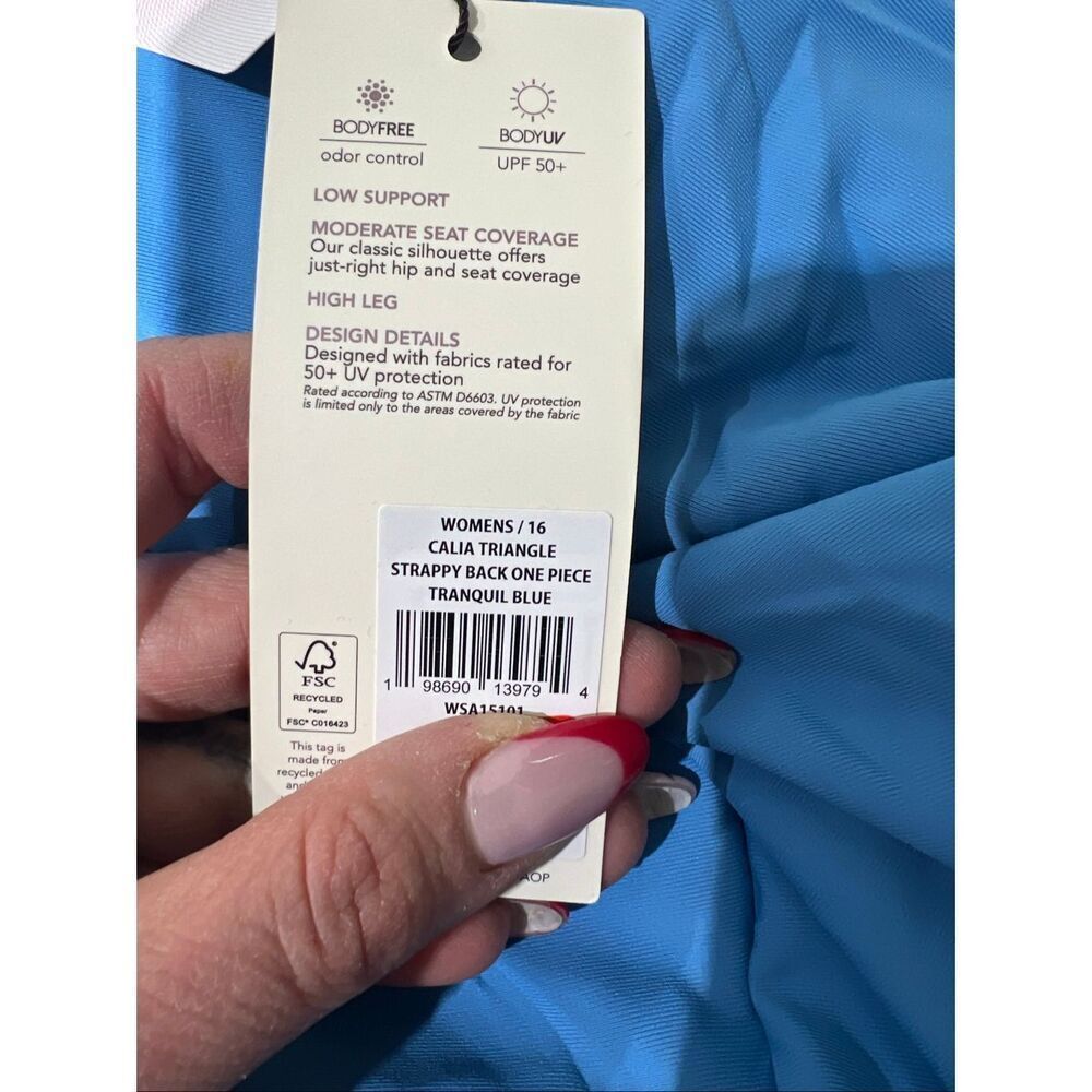 #871. CALIA NWT Tranquil Blue Triangle Strappy Back One Piece Swimsuit - Picture 5 of 5